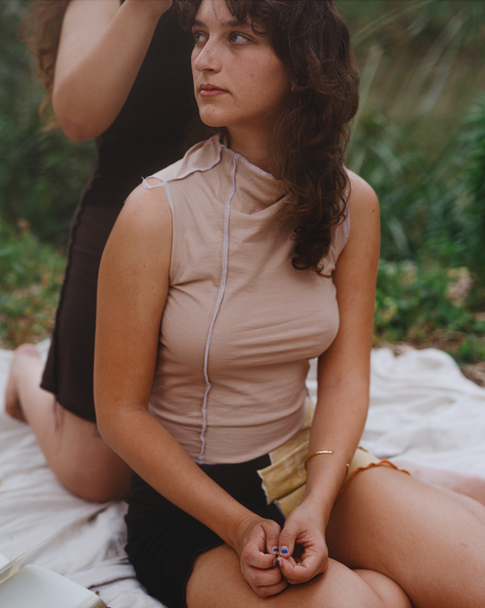 drape neck top/ nude