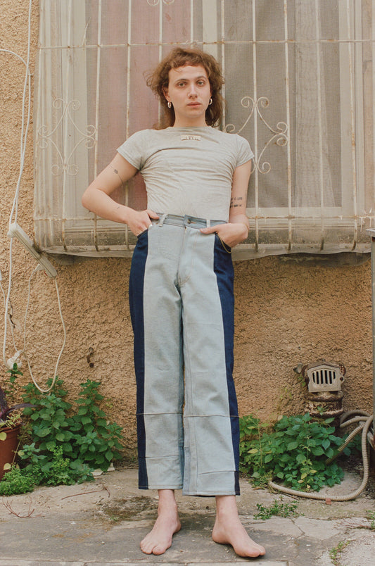 reconstructed jeans/ two-tone blue